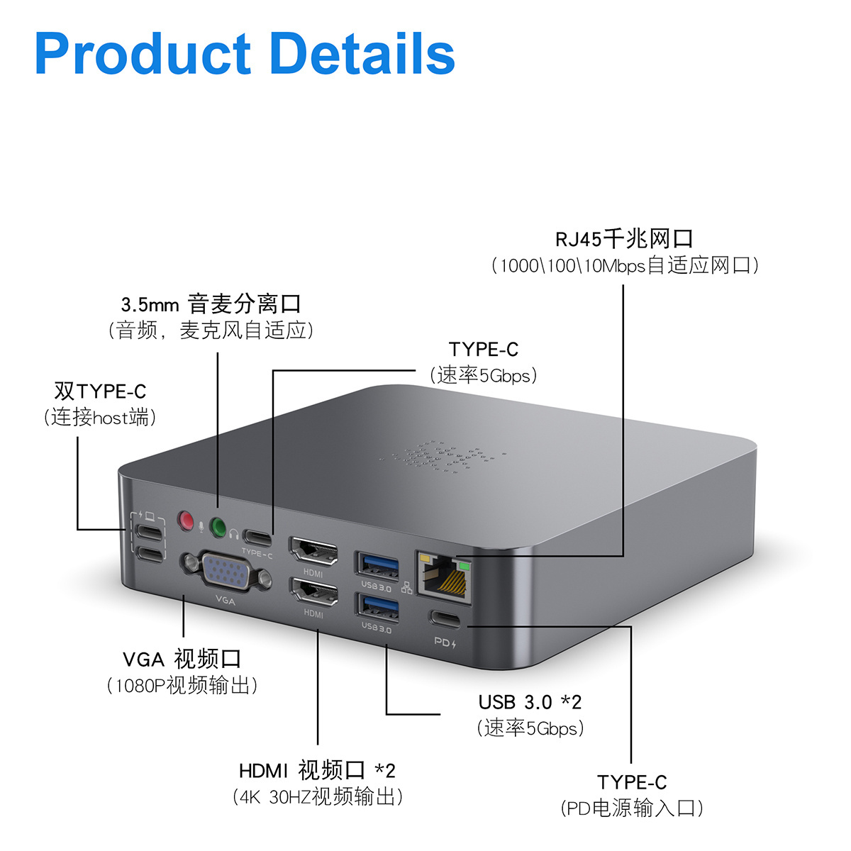 Aluminum 18 in 1 type c hub multi function hdmi vga adapter 4 usb RJ45 PD charger docking station for MacBook Pro