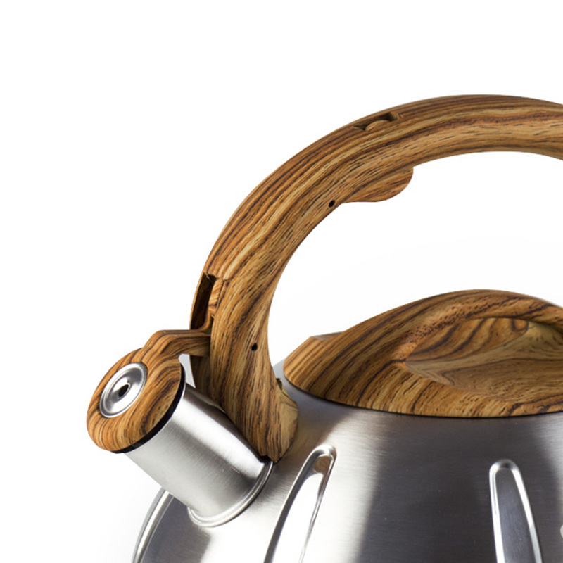 Wooden color handle stainless steel cover whistling water tea kettle for home