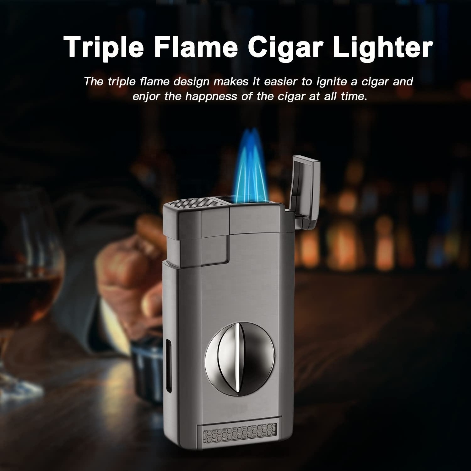 Multi-functional Triple Jet Flame Torch Lighter Portable Cigar Lighter Cigar Holder with V-shaped Cigar Cutter