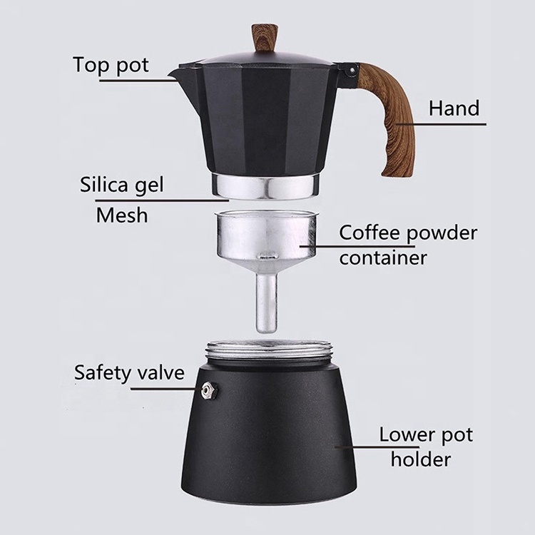 Stovetop espresso coffee maker moka coffee pot aluminum induction 6 cup with soft touch handle