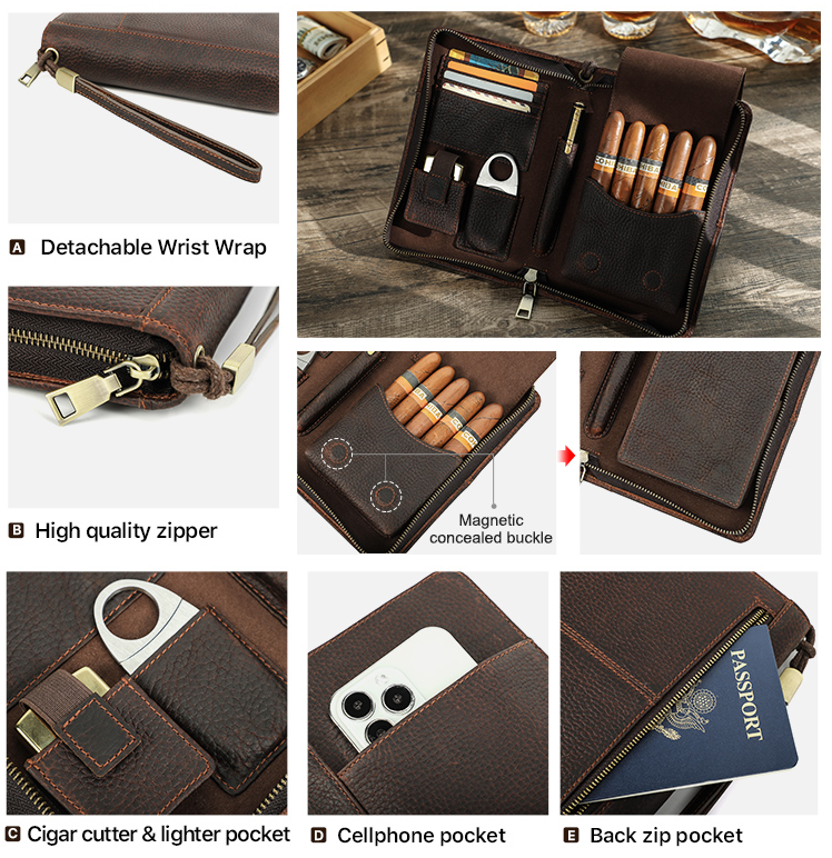 Personalized handcrafted genuine leather tube holder lighter cutter box storage humidor cigar set travel case