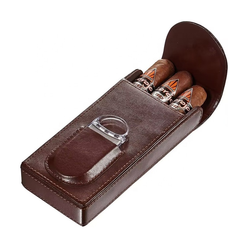 Bestseller luxury leather travel cigar tube case custom logo for 3 cigars with cigar cutter