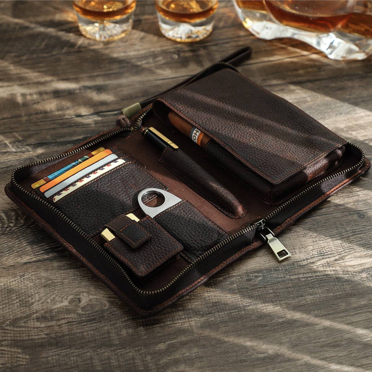 Personalized handcrafted genuine leather tube holder lighter cutter box storage humidor cigar set travel case