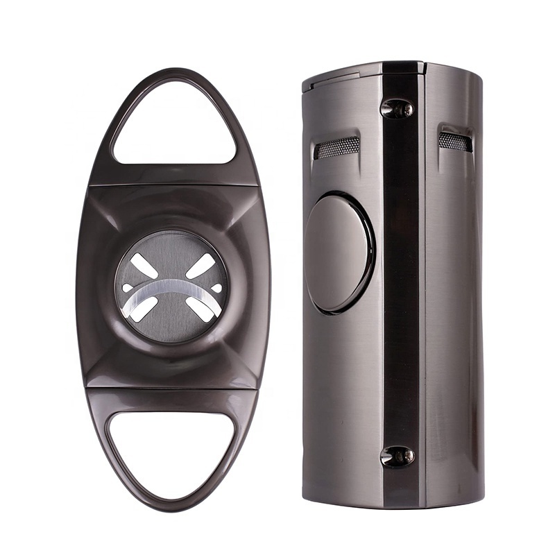 Amazon Hot-selling Large Ring Straight-Cut Table Top 4-Torch Flame Robot Style Cigar Lighter Cigar Cutter Set