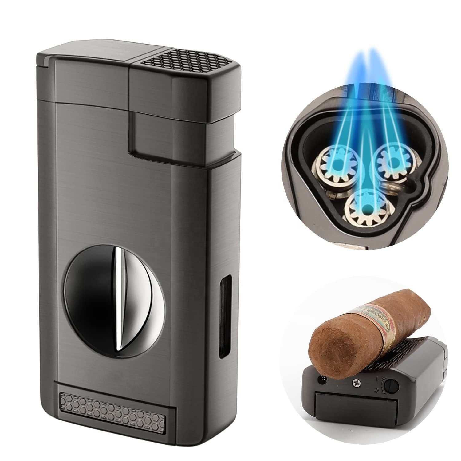 Multi-functional Triple Jet Flame Torch Lighter Portable Cigar Lighter Cigar Holder with V-shaped Cigar Cutter