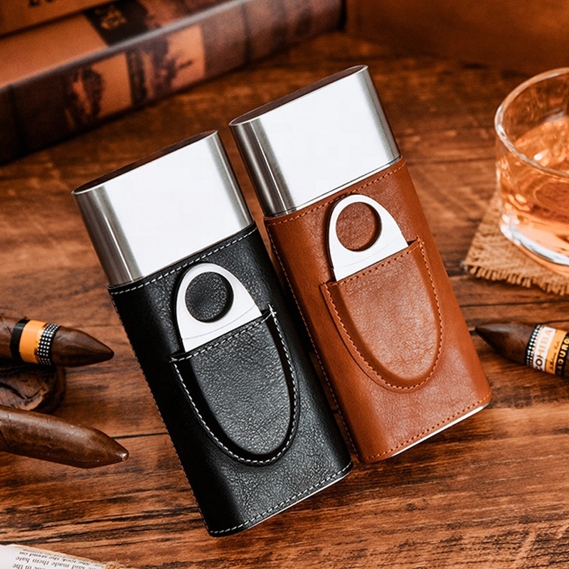 Personalized leather cigar stand holder cigar travel box humidor with cigar cutter Custom Laser Engraved Logo