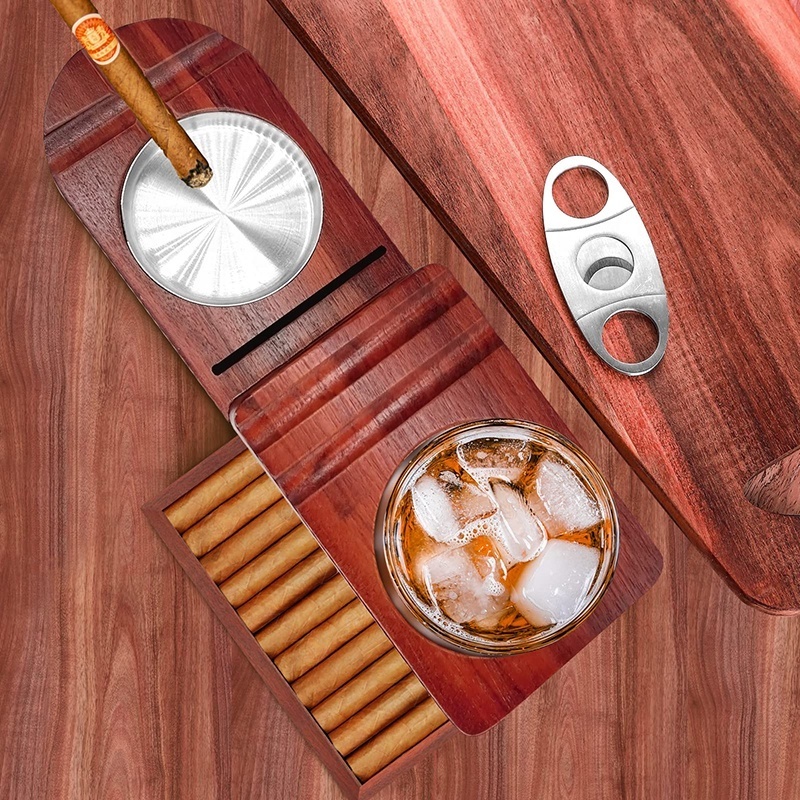 4 In 1 Cigar Cutter Cigar Ashtrays Whiskey Glass Tray Bar Accessories Solid Wood Cigar Humidor Men's Home Decor Gifts