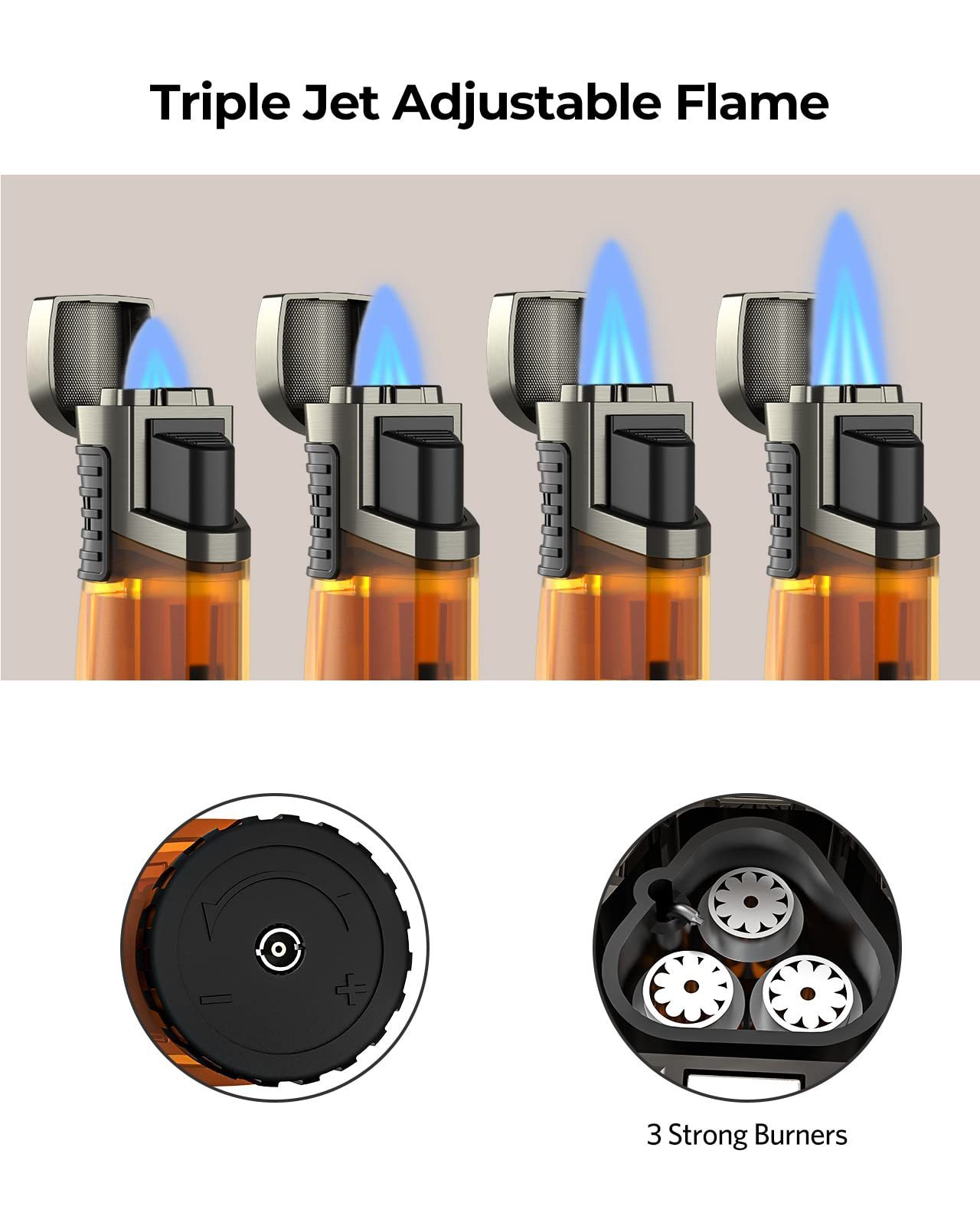 Hot-selling windproof portable refillable triple Jet Flame butane gas torch cigar cigarette lighter with punch cutter