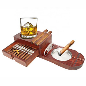 4 In 1 Cigar Cutter Cigar Ashtrays Whiskey Glass Tray Bar Accessories Solid Wood Cigar Humidor Men's Home Decor Gifts