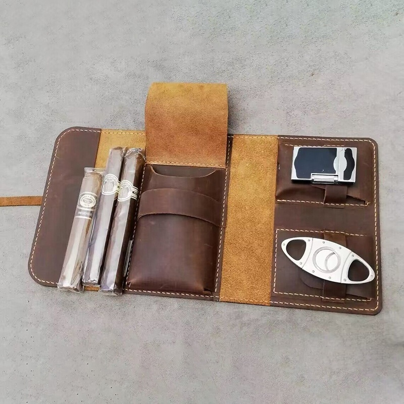 Handmade Portable Travel Leather Roll Cigar Carry Case Bag Which Holds 4 Cigars with Pockets Pouch for a Lighter & Cutter