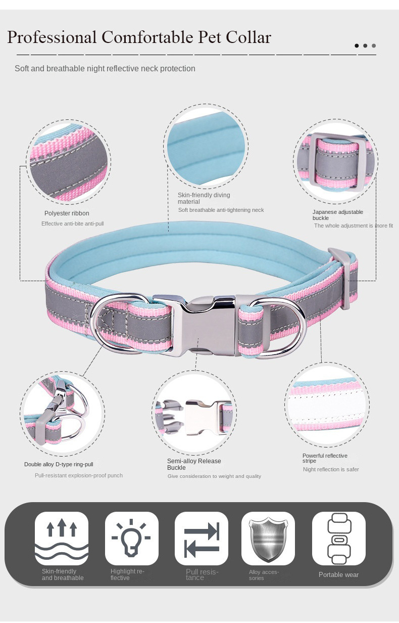 Adjustable Reflective Pet engraved Collar Metal Buckle Quick Release Buckle Pet Training Collars for Puppy cat Dogs