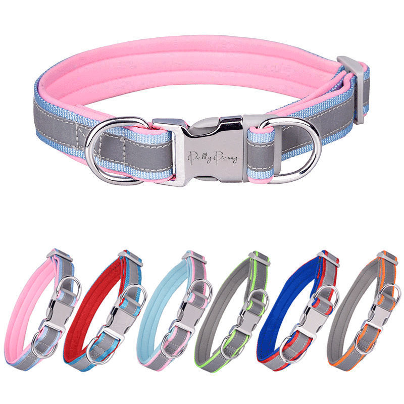 Adjustable Classic Solid Colors Padded engravable pet collar Reflective Nylon lettering Dog Collar with Quick Release Buckle