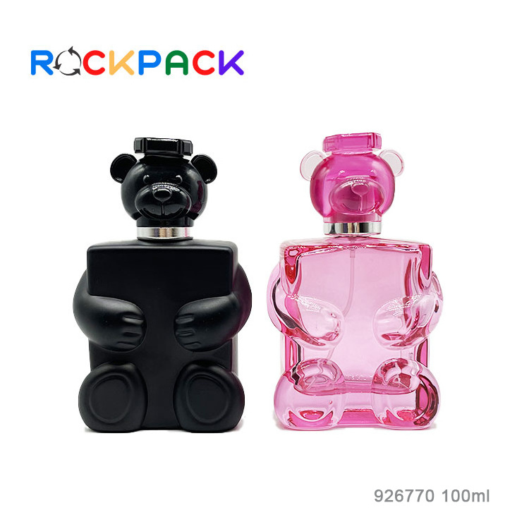 100ml Bear shape black color pink glass perfume cosmetic bottles with plastic lid cover