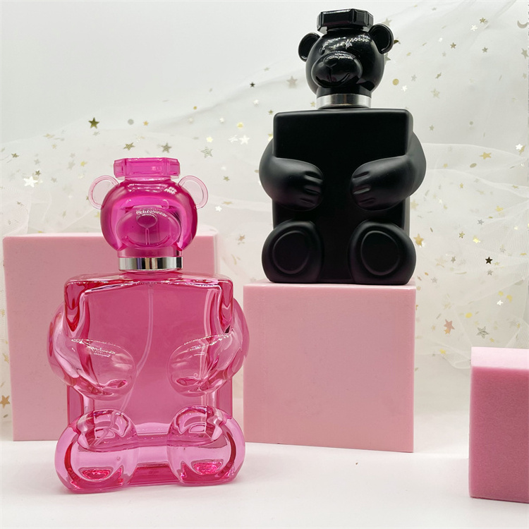 100ml Bear shape black color pink glass perfume cosmetic bottles with plastic lid cover