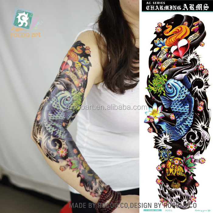 AC-012/2016 Best Quality Coolest Super Big Temporary Tattoos Fake Blue Big Fish Skull Full Arm Sleeve Body Tattoo Sticker