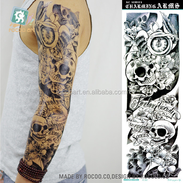 AC-012/2016 Best Quality Coolest Super Big Temporary Tattoos Fake Blue Big Fish Skull Full Arm Sleeve Body Tattoo Sticker