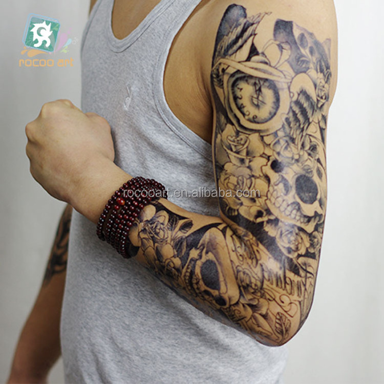 AC-012/2016 Best Quality Coolest Super Big Temporary Tattoos Fake Blue Big Fish Skull Full Arm Sleeve Body Tattoo Sticker