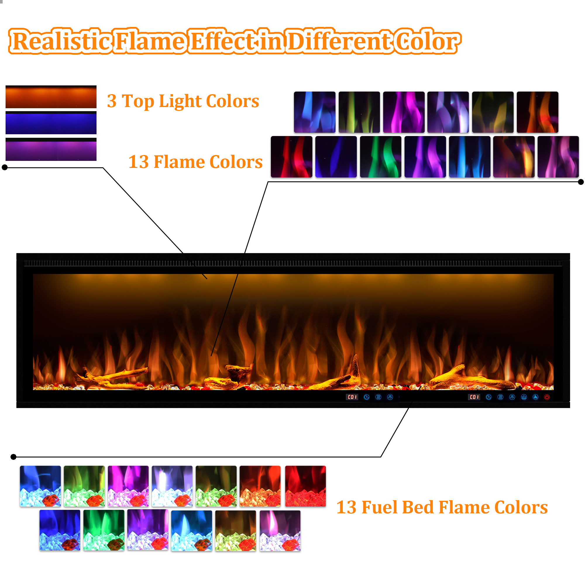 Luxstar 60 Inches Hot Factory Suspended Fireplace with App Control Electric Simulated Flame led Fireplace Heater