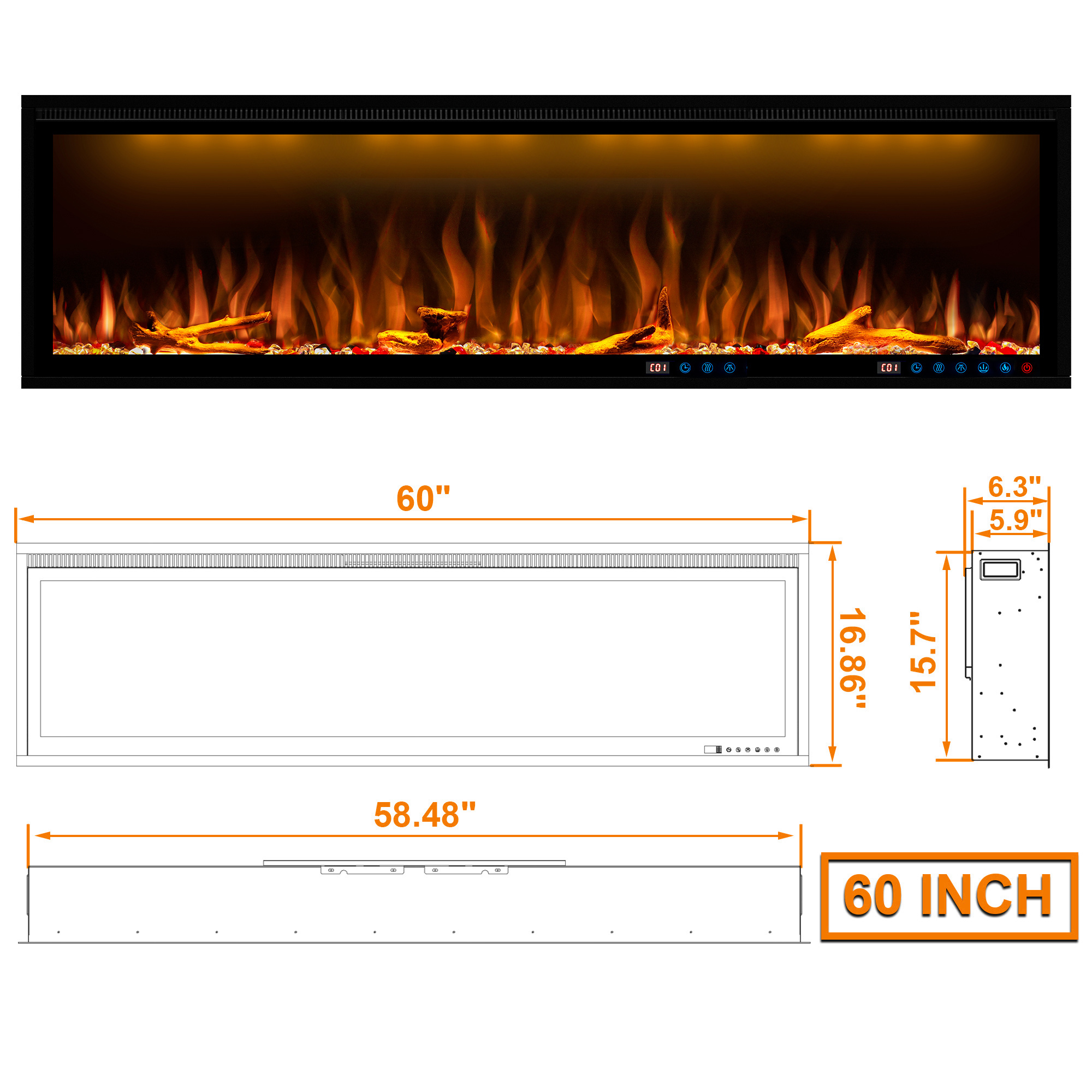 Luxstar 60 Inches Hot Factory Suspended Fireplace with App Control Electric Simulated Flame led Fireplace Heater