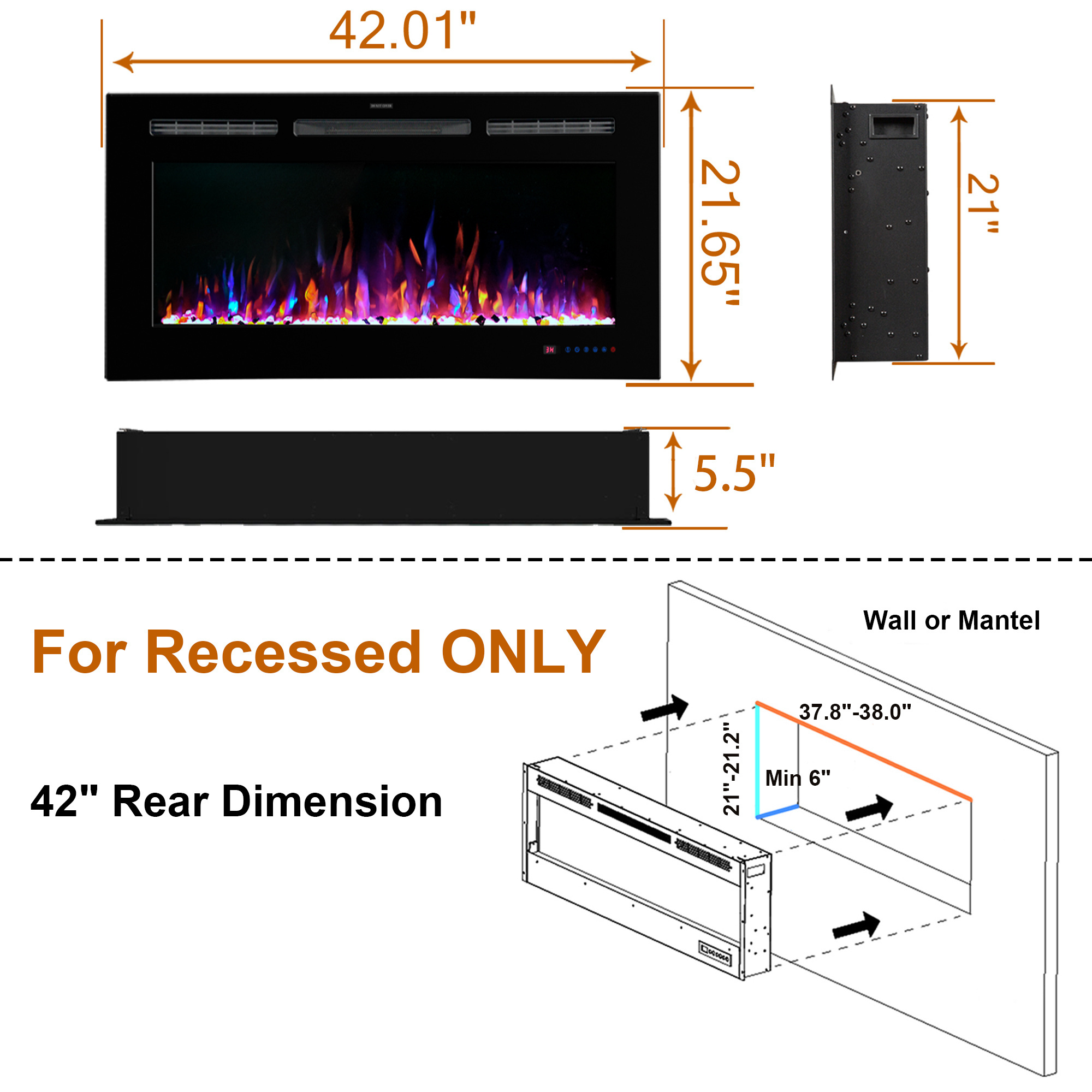 Luxstar Decorative 42 Inch Insert Electric Fireplace Decorative Flame LED with Remote Controls Electrical Heaters for Hot Sale