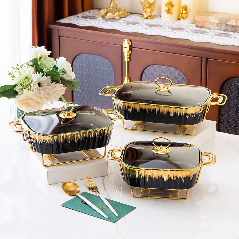 11-13-15inch Black White green  Porcelain Baking Dish Candle Heating, Hotel Casserole Ceramic Pot with Glass Lid and Gold Shelf