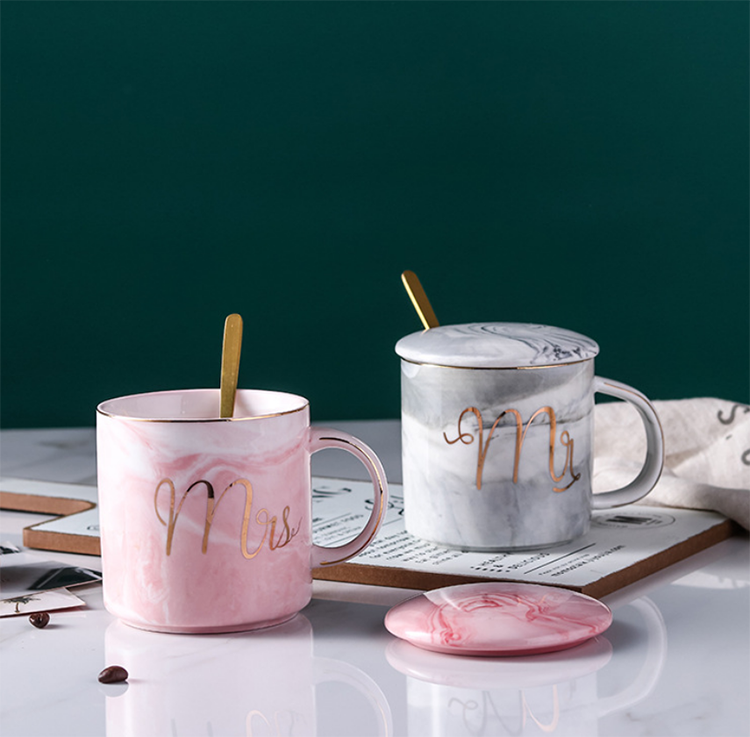 Customized logo Newest design porcelain tea mug marble look mr mrs ceramic diner coffee mug milk tea cup for gift