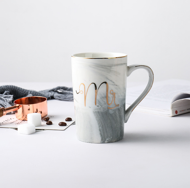 Customized logo Newest design porcelain tea mug marble look mr mrs ceramic diner coffee mug milk tea cup for gift