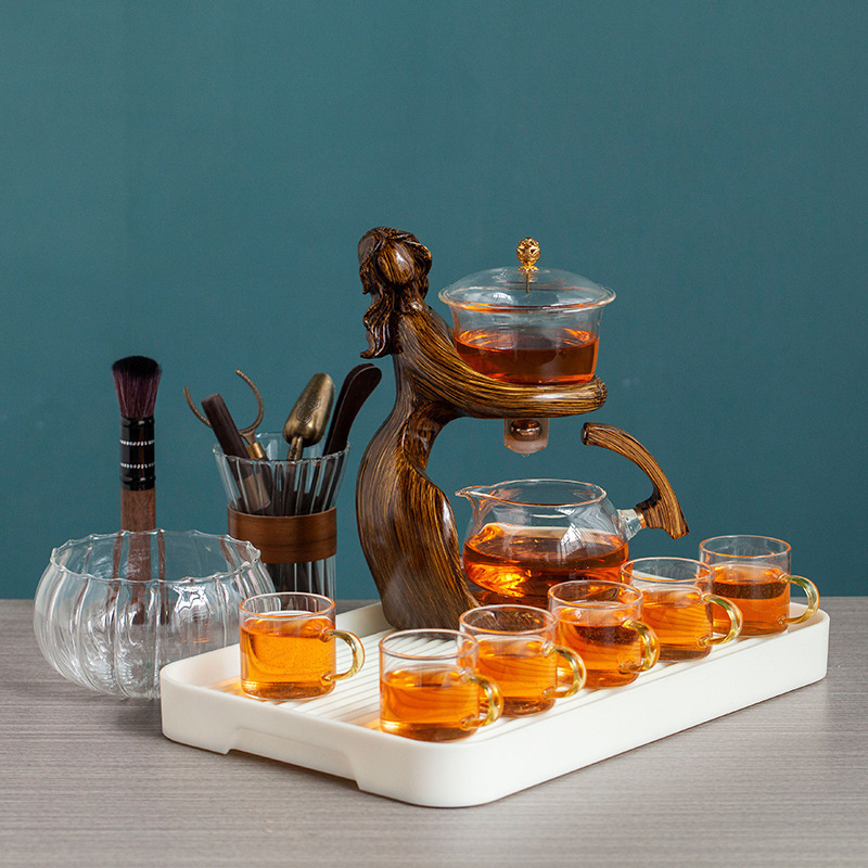 Creative Lady magnetic induction teapot Glass Set Tea maker with Infuser Semi Automatic Kungfu Tea Set with 6 Small Cups