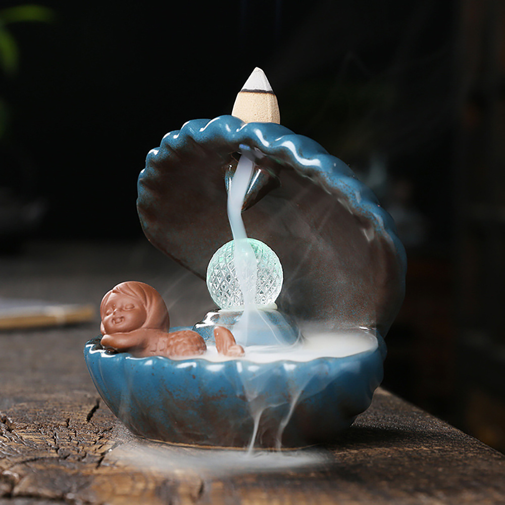 Original Ceramic Handicraft Home Decor Shell Mermaid LED Light Smoke Backflow Aromatherapy Furnace Incense Burner