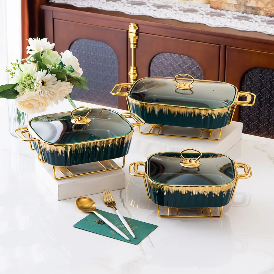 11-13-15inch Black White green  Porcelain Baking Dish Candle Heating, Hotel Casserole Ceramic Pot with Glass Lid and Gold Shelf