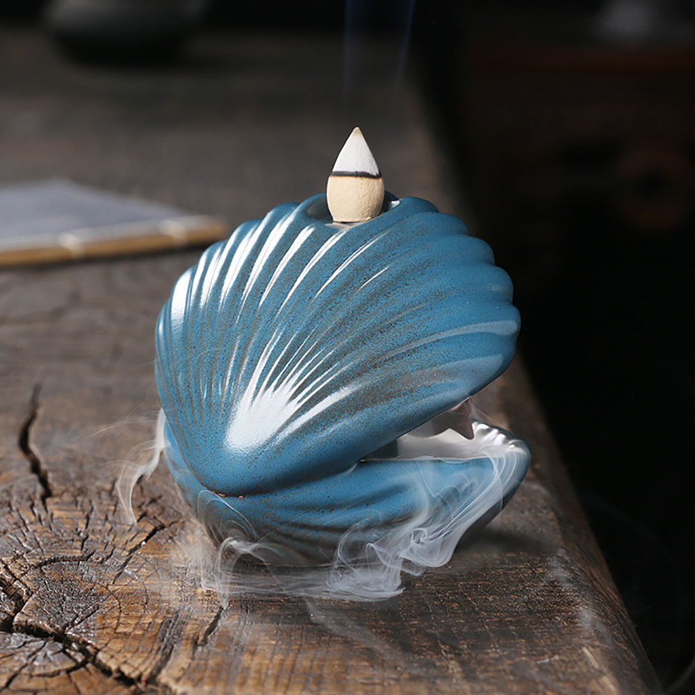 Original Ceramic Handicraft Home Decor Shell Mermaid LED Light Smoke Backflow Aromatherapy Furnace Incense Burner