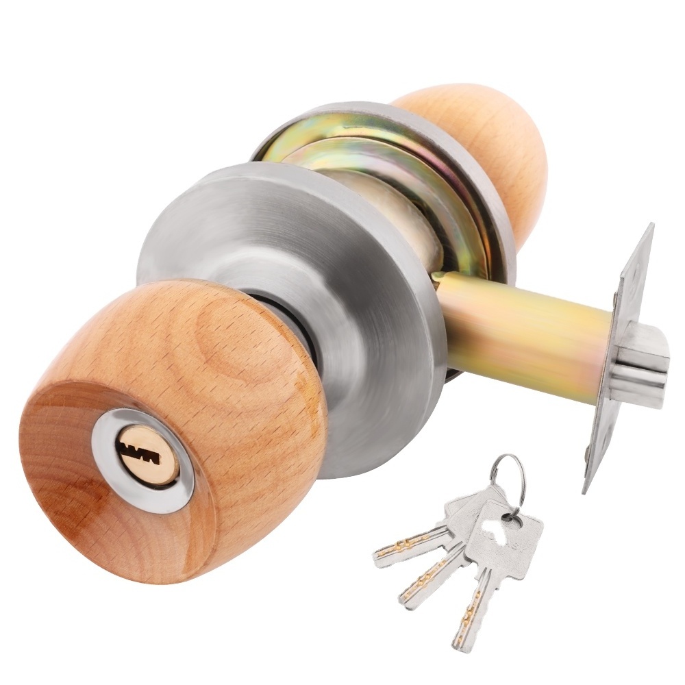 Roeasy Beech Wooden Round Knob Door Lock with Brass Key Bedroom Door Lock