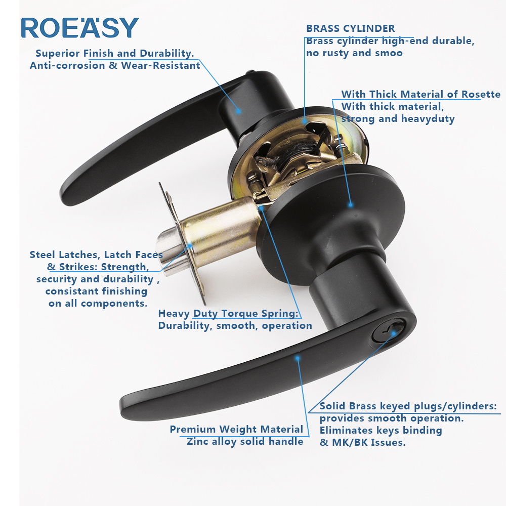 Roeasy Bathroom Locks Commercial Zinc Alloy Satin Nickel Safe Privacy Tubular Lever Handles Door Hardware Entry Door Lever Lock