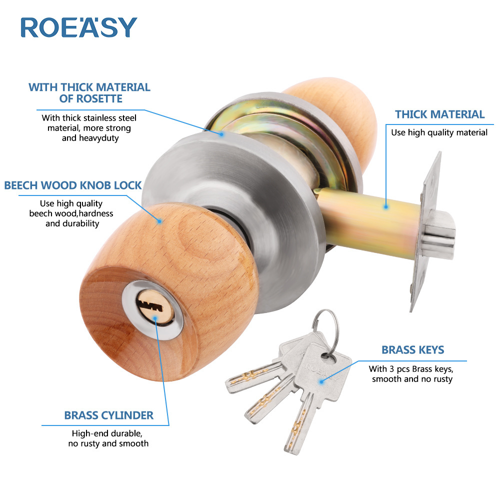 Roeasy Beech Wooden Round Knob Door Lock with Brass Key Bedroom Door Lock