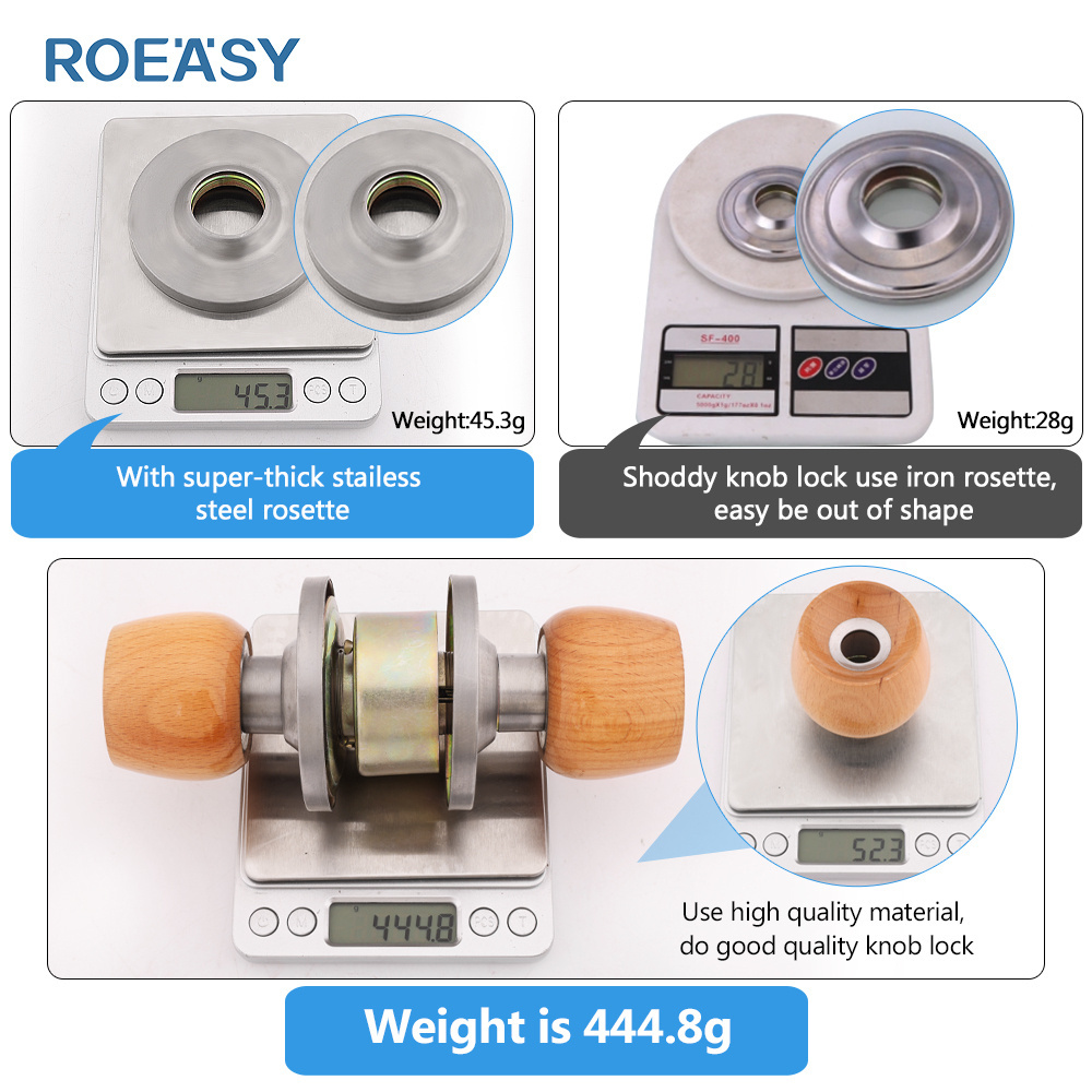 Roeasy Beech Wooden Round Knob Door Lock with Brass Key Bedroom Door Lock