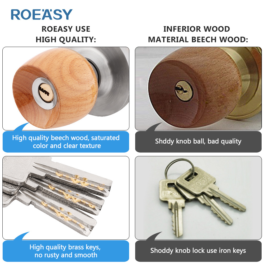 Roeasy Beech Wooden Round Knob Door Lock with Brass Key Bedroom Door Lock