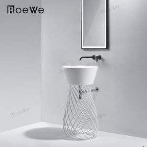 bathroom solid surface freestanding pedestal sink white resin stone floor standing wash basin composite hand washing basins