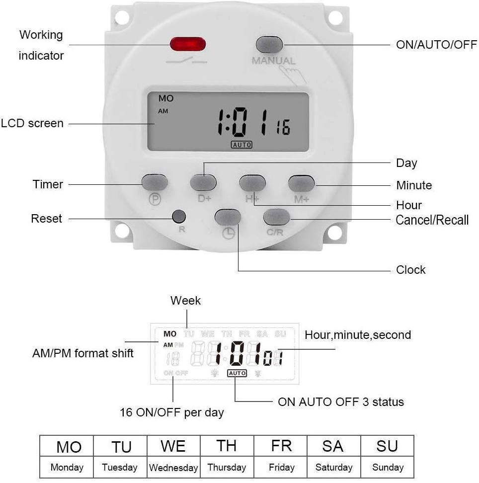 16A 110V/220V LCD Digital Programmable Timer Switch/CN101A Timer Relay Switch