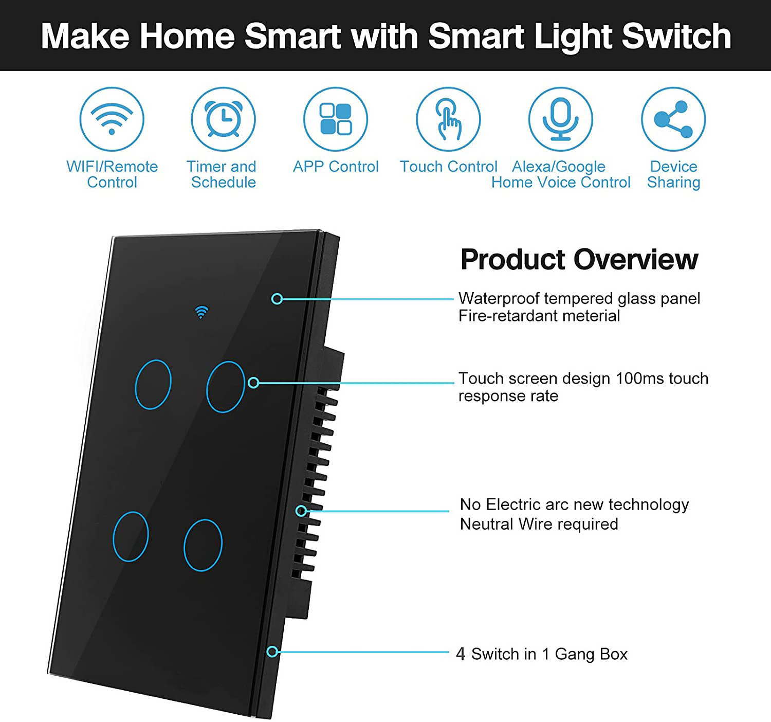 Tuya/Smart Life 4 Gang Smart Wifi Touch Wall Switch/Smart Wifi Light Switch