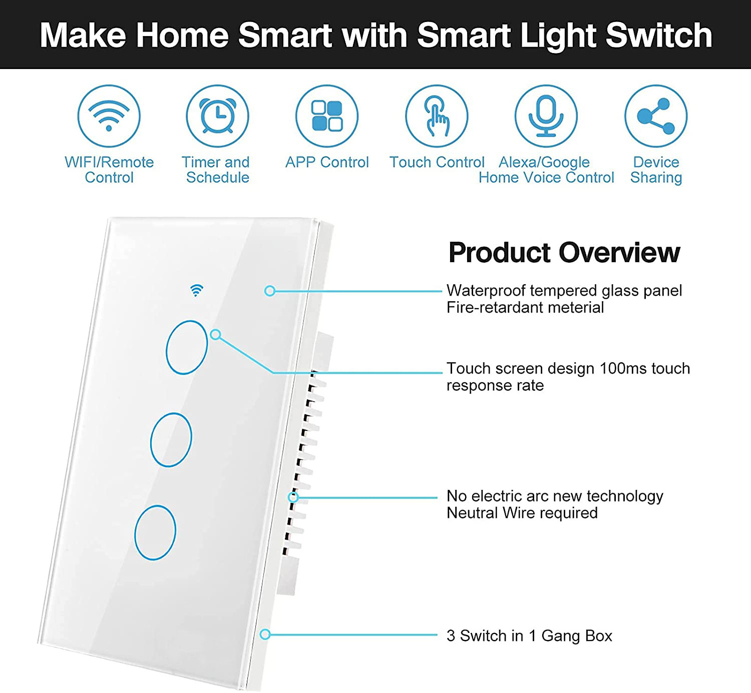 Tuya 3 Gang 3 Way Wifi Switch/Smart Wireless Wifi Light Switch Australia/Smart Touch Wall Switch