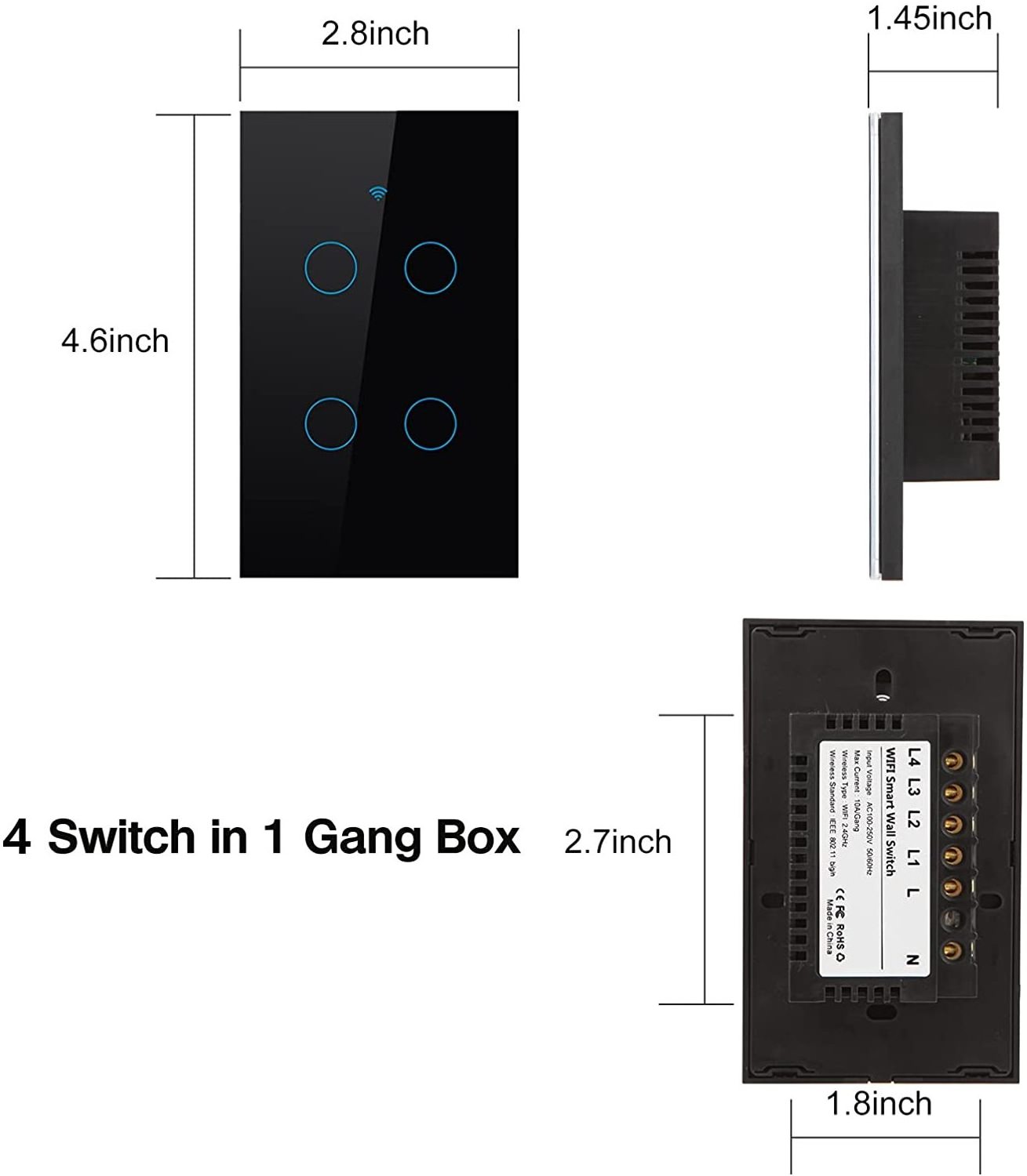 Tuya/Smart Life 4 Gang Smart Wifi Touch Wall Switch/Smart Wifi Light Switch