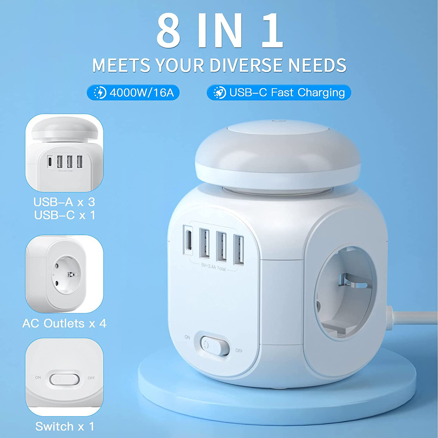 Power Strip Cube with USB 4 Way Multiple Socket 8 in 1 Powercube Socket Cube With LED Night Light