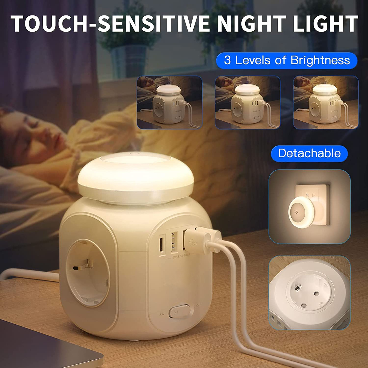 Power Strip Cube with USB 4 Way Multiple Socket 8 in 1 Powercube Socket Cube With LED Night Light