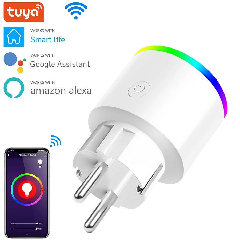 16A EU WiFi Smart Plug Socket With Power Monitor Outlet Timer RGB LED Night Light Work With Google Home Alexa