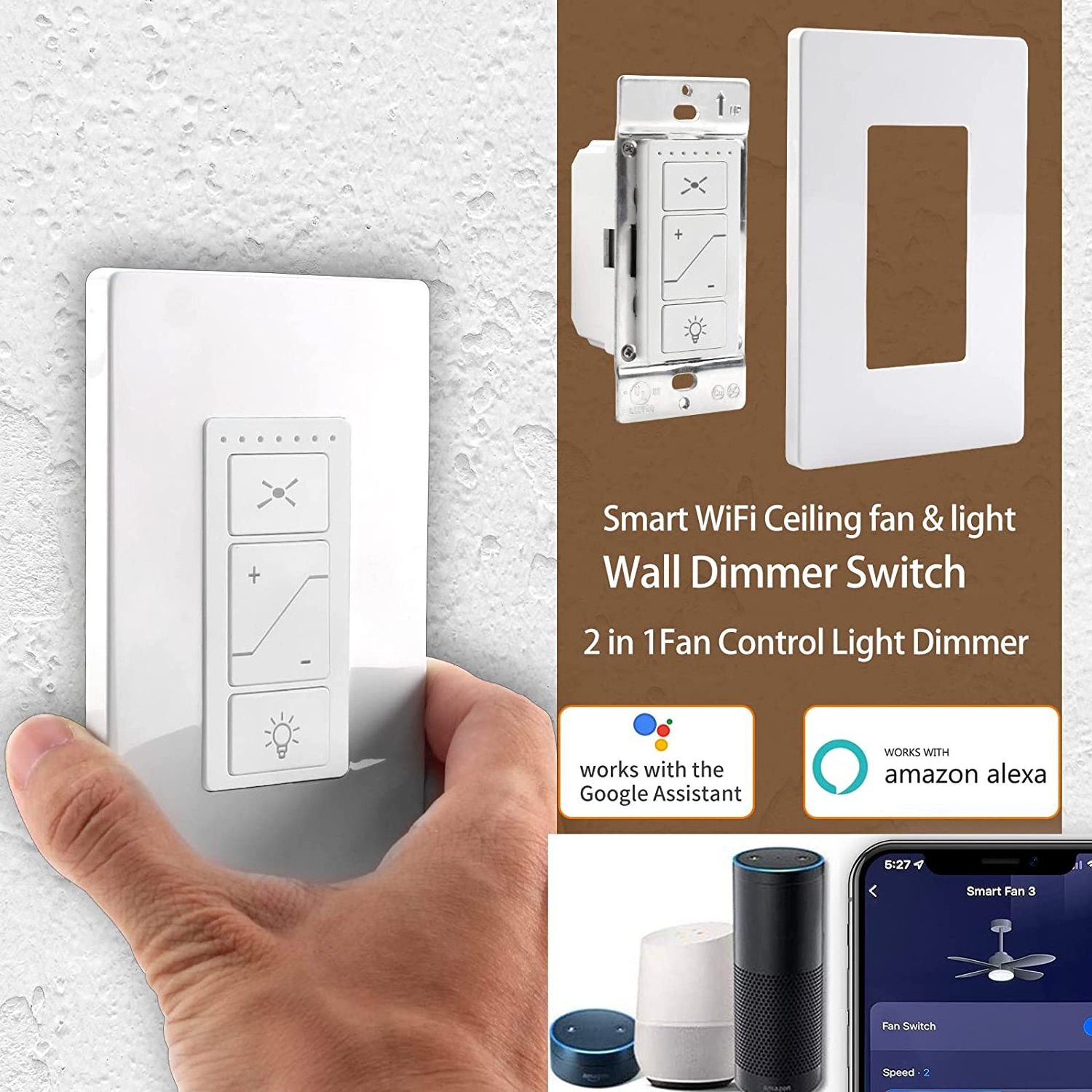 Smart Ceiling Fan Controller and Dimmer Light Switch Wi-Fi Fan and Light Switch Compatible with Alexa Google Home