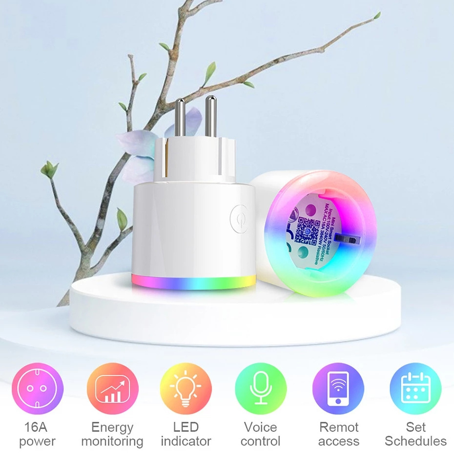 16A EU WiFi Smart Plug Socket With Power Monitor Outlet Timer RGB LED Night Light Work With Google Home Alexa