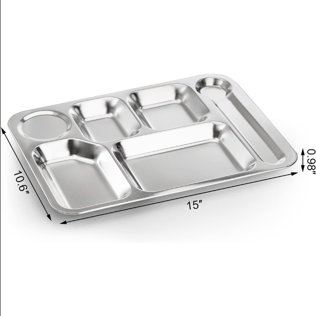 6 Sections Dinner Plates for School Canteen Stainless Steel Rectangular Divided Plates Tray