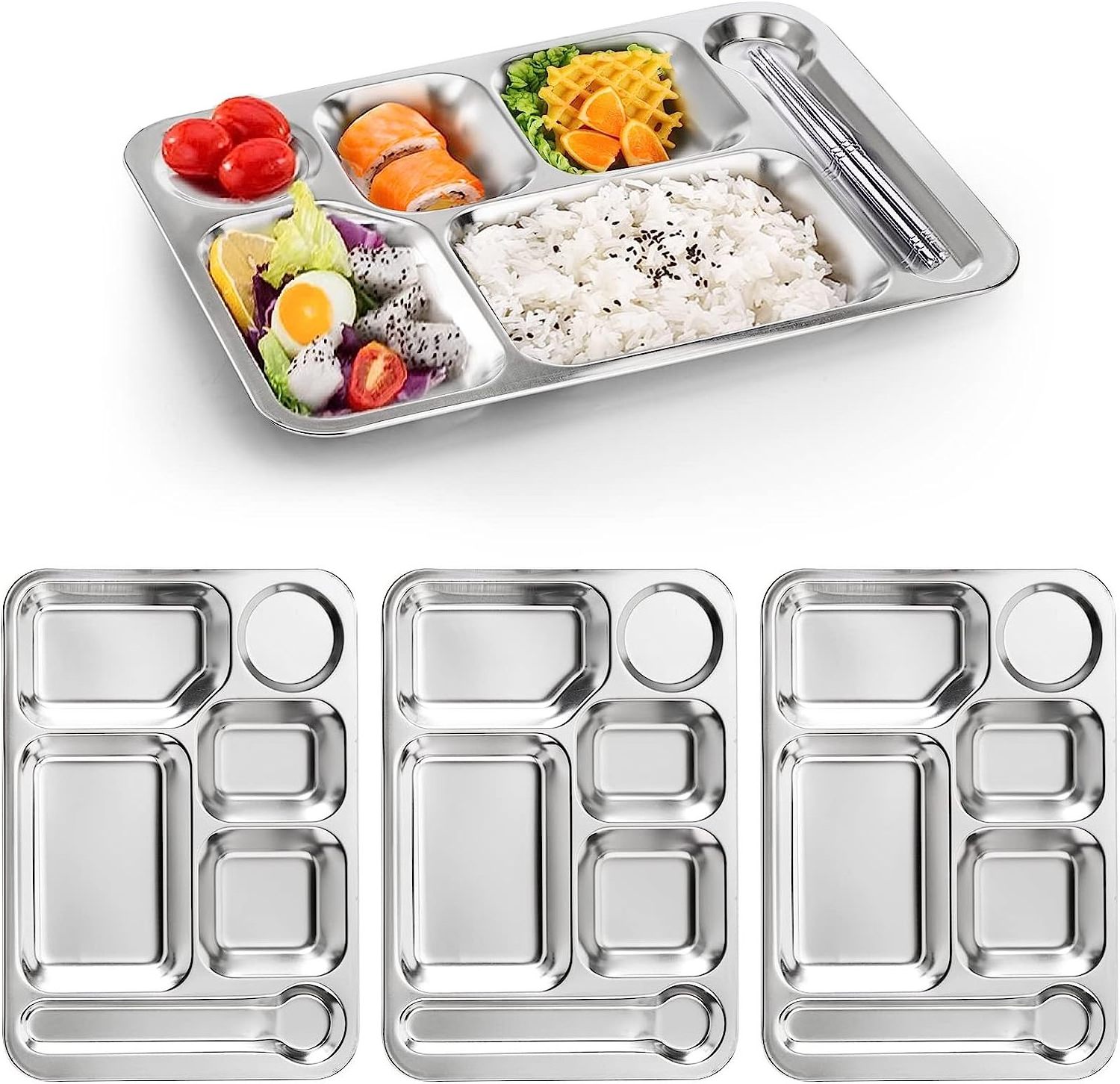 6 Sections Dinner Plates for School Canteen Stainless Steel Rectangular Divided Plates Tray