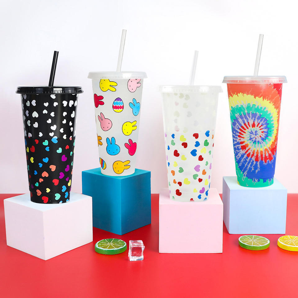 Party Custom Printed Plastic Tumblers with Straw and Lid PP BPA Free  24 oz Colour Changing Cup