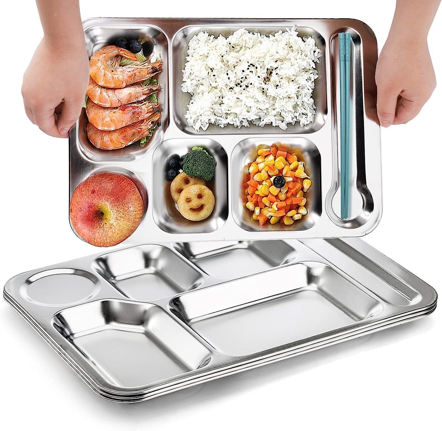 6 Sections Dinner Plates for School Canteen Stainless Steel Rectangular Divided Plates Tray